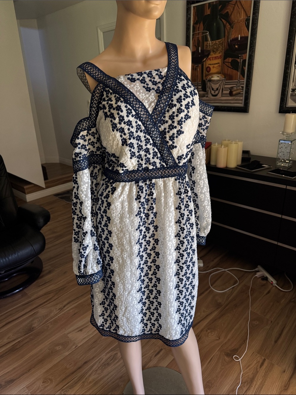 White and Navy Floral Embroidered Cold-Shoulder Dress P 11